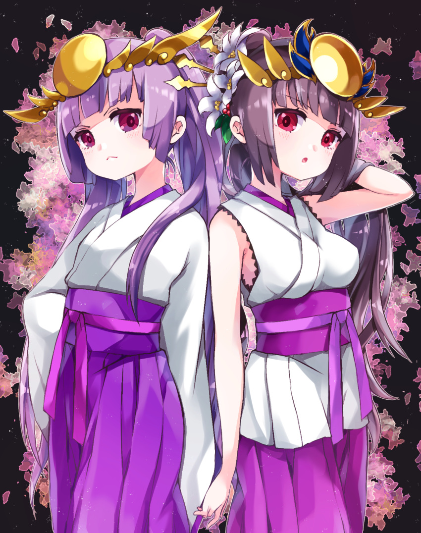 2girls :o black_hair blush breasts brown_hair closed_mouth commentary_request flower hair_flower hair_ornament hakama hakama_skirt hand_in_own_hair headpiece highres japanese_clothes kimono long_hair long_sleeves medium_breasts multiple_girls obi parted_lips pikomarie ponytail purple_eyes purple_hair purple_hakama puzzle_&_dragons sash short_kimono skirt sleeveless sleeveless_kimono sleeves_past_fingers sleeves_past_wrists twintails very_long_hair white_flower white_kimono wide_sleeves yomi_(p&d)