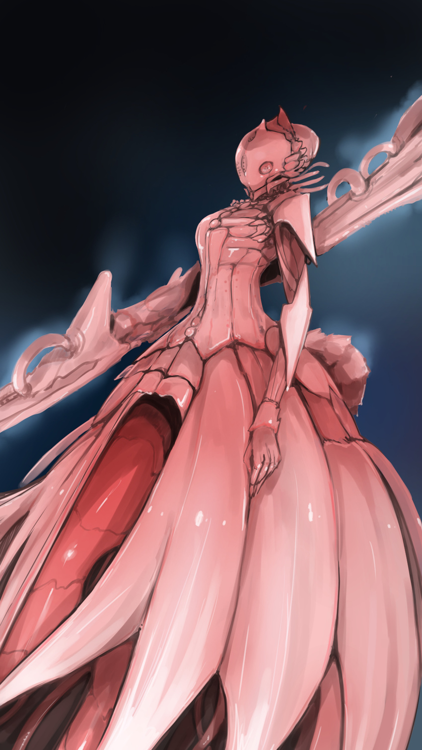 alien arakure commentary_request female from_below gauna highres monster monster_girl shiraui_tsumugi sidonia_no_kishi simple_background solo standing weapon