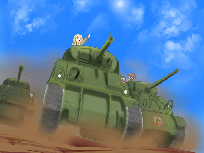 2girls absurdres alisa_(girls_und_panzer) blonde_hair blue_eyes breasts brown_hair caterpillar_tracks cloud commentary_request day dirt emblem girls_und_panzer highres kay_(girls_und_panzer) long_hair m4_sherman military military_vehicle motor_vehicle multiple_girls poligon_(046) saunders_(emblem) saunders_military_uniform sherman_firefly short_hair sky smile sun tank