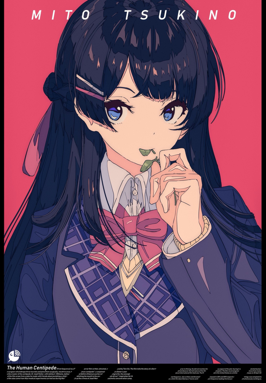 black_hair black_jacket blazer blue_eyes bow bowtie character_name clover cogecha collared_shirt commentary dress_shirt eating english_text female hair_ornament hairclip highres holding jacket long_hair long_sleeves mouth_hold nijisanji pink_background pink_bow pink_bowtie shirt simple_background solo sweater the_human_centipede tsukino_mito tsukino_mito_(1st_costume) upper_body very_long_hair virtual_youtuber white_shirt