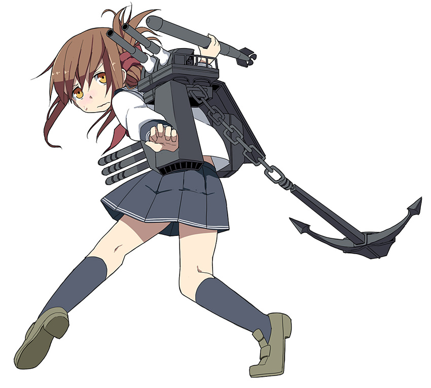 anchor blush brown_eyes brown_hair commentary_request female folded_ponytail hair_ornament imminent_throw inazuma_(kancolle) kantai_collection kenja_tori looking_at_viewer looking_back school_uniform serafuku short_hair skirt solo sweatdrop torpedo