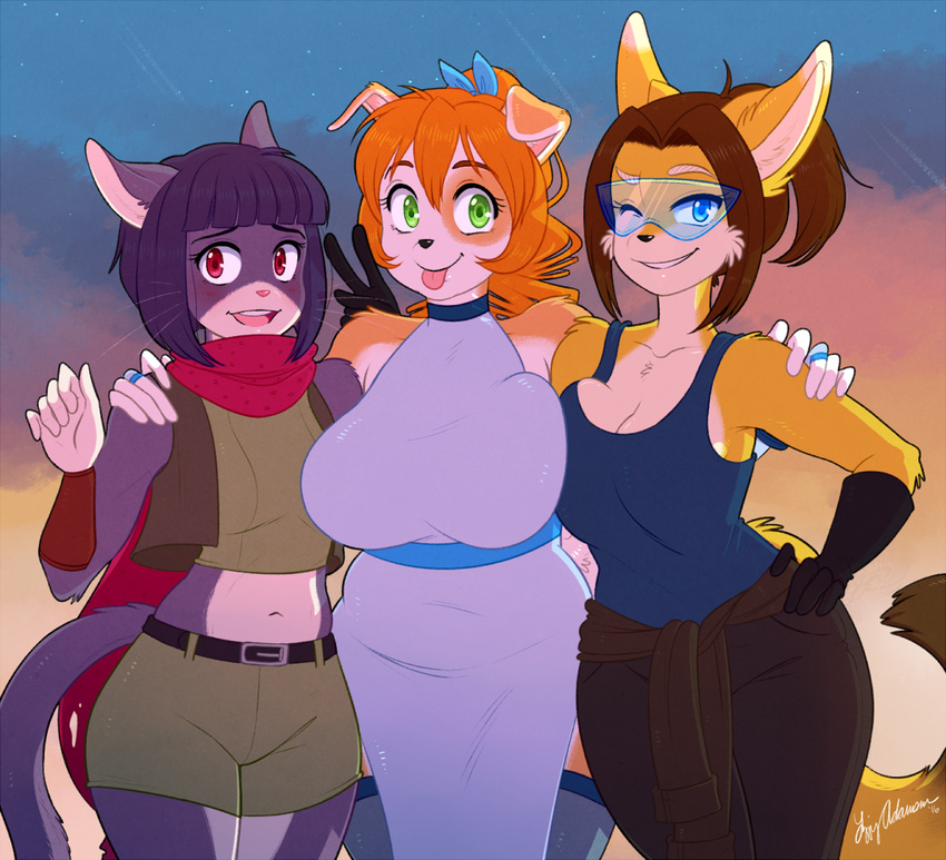 anthro avoid_posting belly big_breasts blue_eyes blush bottomwear breast_size_difference breast_squish breasts breasts_frottage brown_body brown_fur brown_hair canid canine canis claire_o'conell clothed clothing curvy_figure domestic_cat domestic_dog dress eyewear felid feline felis female fennec_fox fox fur gesture green_eyes group hair hand_gesture huge_breasts kibbles_(disambiguation) long_hair mammal multicolored_body multicolored_fur orange_hair pants purple_body purple_fur purple_hair red_eyes rishi-chan scarf sesame_akane shirt shorts slightly_chubby smile squish standing thick_thighs topwear true_fox two_tone_body two_tone_fur uberquest v_sign voluptuous white_body white_fur wide_hips yellow_body yellow_fur