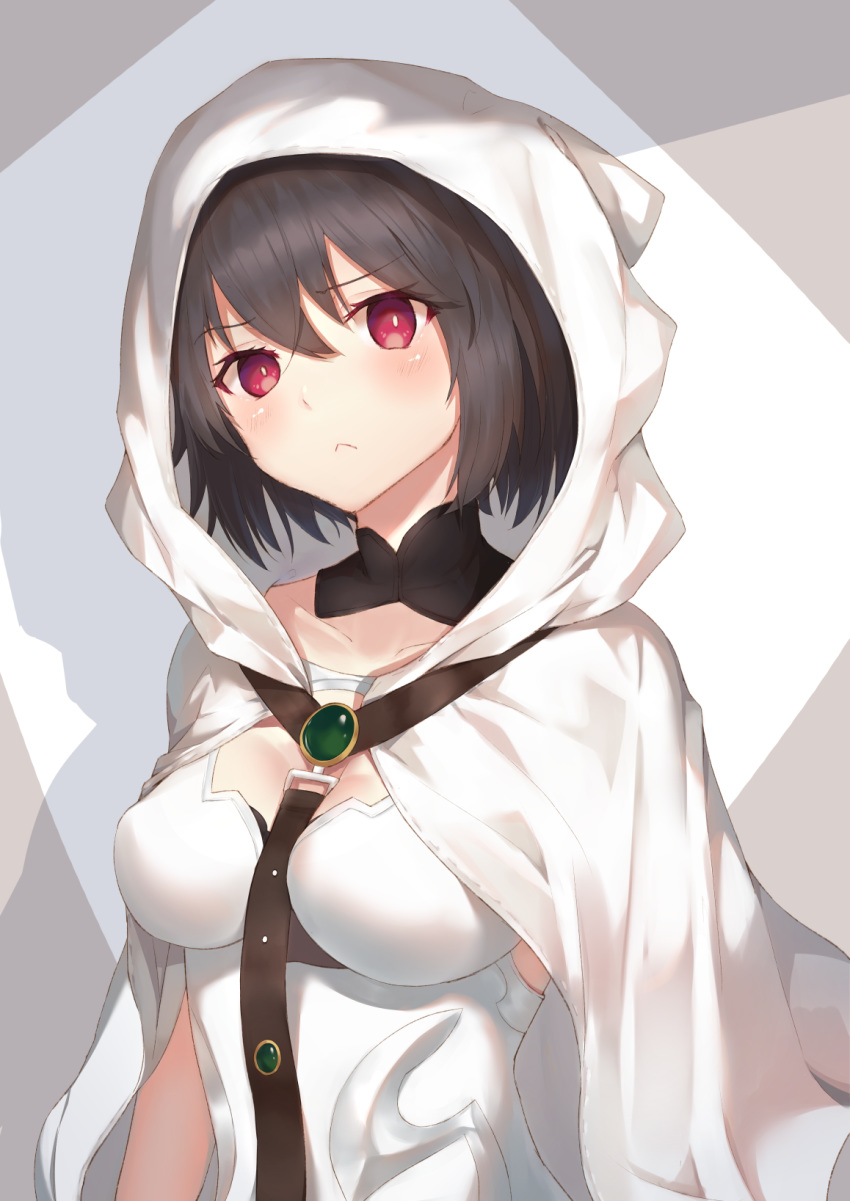 :< arms_at_sides bare_arms black_hair blush breasts cleavage cleavage_cutout cloak closed_mouth clothing_cutout collarbone commentary_request detached_collar fate/grand_order fate_(series) female hair_between_eyes head_tilt highres hood hooded_cloak leotard looking_at_viewer medium_breasts ortlinde_(fate) red_eyes reuri_(tjux4555) shade shadow short_hair solo upper_body valkyrie_(fate) white_cloak white_leotard