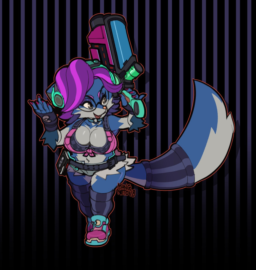 2018 anthro belt big_breasts biped breasts canid canine clothing eyewear female footwear fox fur gun hi-rez_studios hi_res mammal mangneto paladins_(game) pepper_(paladins) purple_body purple_fur ranged_weapon shoes short_stack solo sunglasses video_cassette weapon