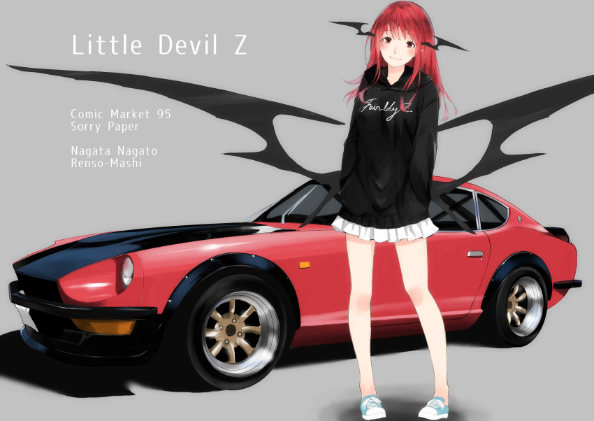 absurdres alternate_costume artist_name bare_legs black_hoodie black_wings blush car closed_mouth clothes_writing commentary_request datsun_240z demon_wings drawstring english_text female full_body green_footwear grey_background hands_in_pockets head_tilt head_wings highres hood hood_down hoodie jpeg_artifacts koakuma large_wings light_smile long_hair long_sleeves looking_at_viewer low_wings miniskirt motor_vehicle nagata_nagato nissan nissan_fairlady_z pigeon-toed red_eyes red_hair shoes simple_background skirt solo sports_car standing touhou vehicle_focus wangan_midnight white_skirt wings