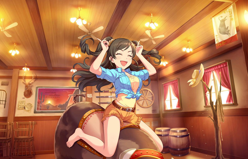 :d ^_^ barefoot belt ceiling_fan closed_eyes cowboy_western curtains female fringe_trim front-tie_top gun horns_pose idolmaster idolmaster_cinderella_girls idolmaster_cinderella_girls_starlight_stage indoors jpeg_artifacts lever_action mechanical_bull nonomura_sora official_art open_mouth rifle shirt shorts smile solo tied_shirt two_side_up weapon window