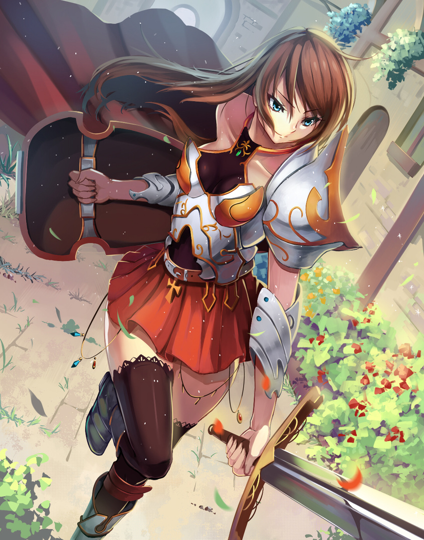 armor armored_dress bare_shoulders black_thighhighs blue_eyes breasts brown_hair commentary_request crazyodin female highres jewelry long_hair medium_breasts original shield shoulder_pads skirt solo sword thighhighs vambraces weapon