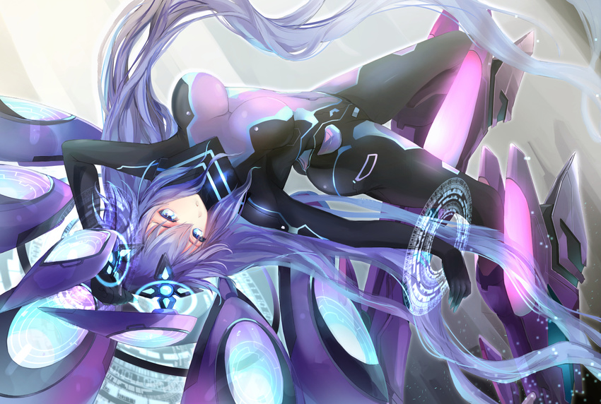 :o arm_up blue_eyes bodysuit boots breasts commentary_request covered_navel female floating floating_hair gloves glowing hair_between_eyes hair_ornament headgear highres kikivi large_breasts light_particles long_hair machinery mecha_musume neptune_(series) next_purple outstretched_arm purple_hair purple_heart_(neptunia) shin_jigen_game_neptune_vii solo upside-down very_long_hair