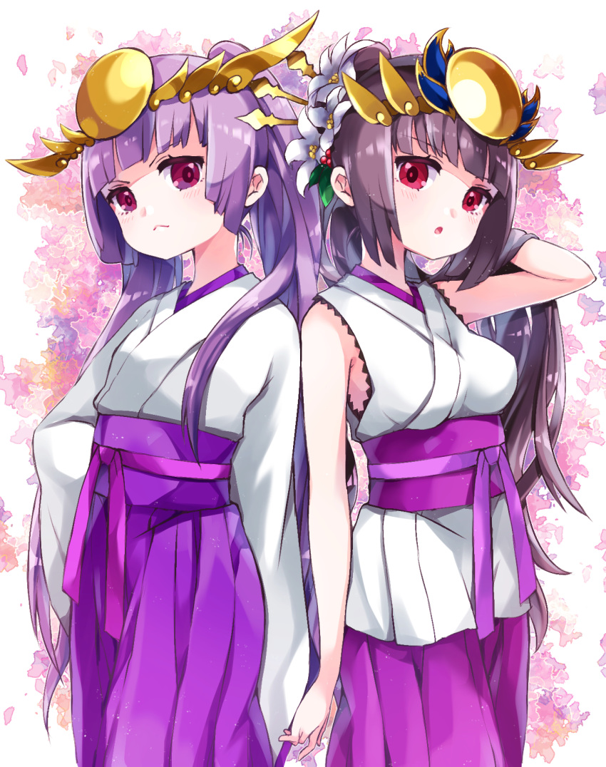 2girls :o blush breasts brown_hair closed_mouth commentary_request flower hair_flower hair_ornament hakama hakama_skirt hand_in_own_hair headpiece highres japanese_clothes kimono long_hair long_sleeves medium_breasts multiple_girls obi parted_lips pikomarie ponytail purple_eyes purple_hair purple_hakama puzzle_&_dragons sash short_kimono skirt sleeveless sleeveless_kimono sleeves_past_fingers sleeves_past_wrists twintails very_long_hair white_background white_flower white_kimono wide_sleeves yomi_(p&d)