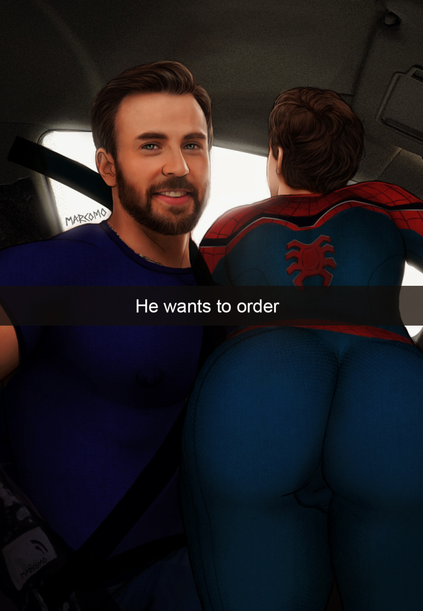 2boys actor ass ass_focus avengers big_ass butt captain_america captain_america_(series) celebrity chris_evans clothed english_text gay he_wants_to_order human human_only in_car in_character light-skinned_male light_skin looking_at_viewer male male_only marcomo marvel marvel_cinematic_universe meme peter_parker selfie snapchat spider-man spider-man_(series) steve_rogers tom_holland yaoi