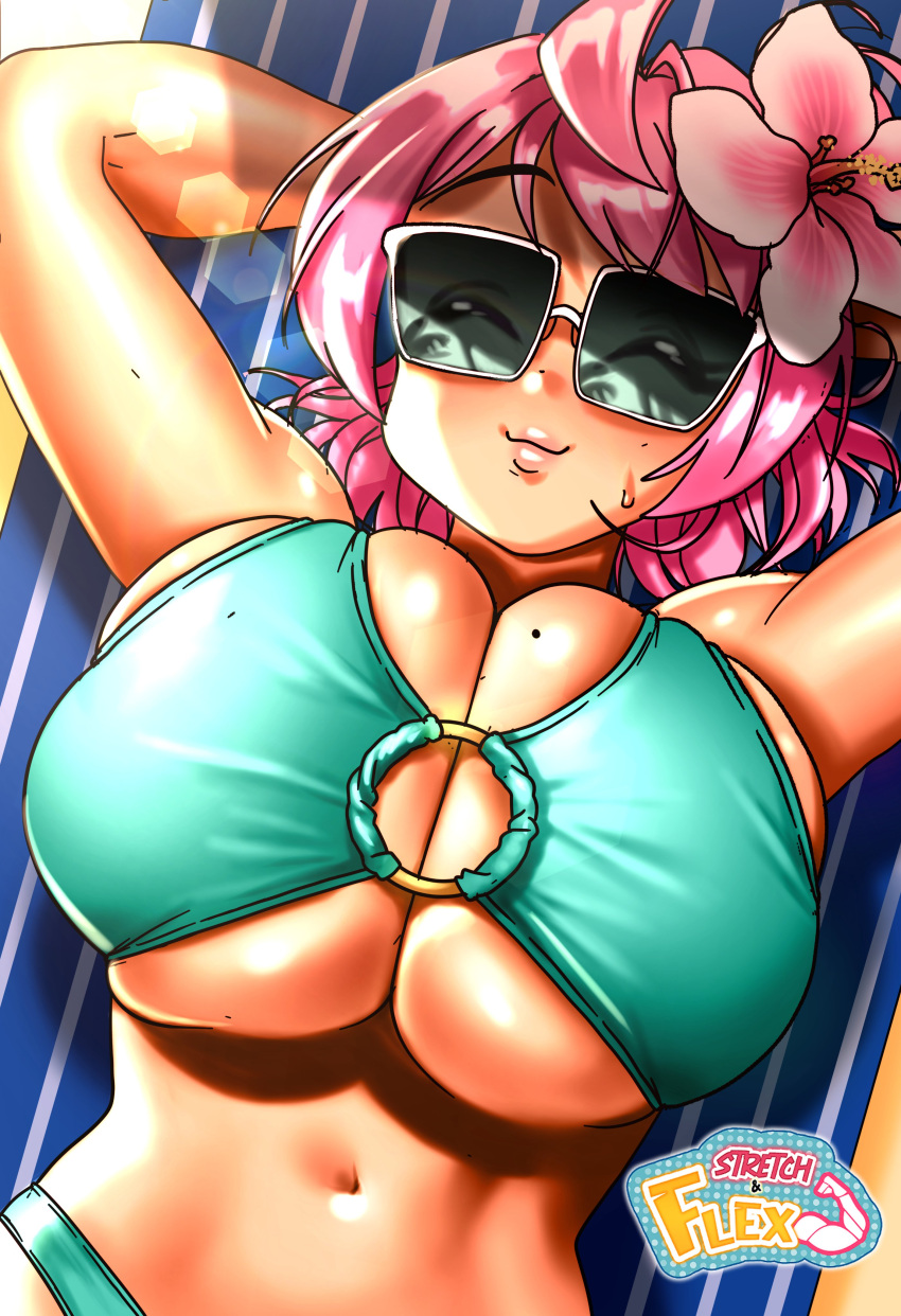 1girls alternate_version_available arms_behind_head beach beach_towel belly_button big_breasts bikini bikini_aside bikini_top breasts cleavage closed_eyes female female_focus female_only flower_in_hair huge_breasts large_breasts ruby_(sasatseng) sasatseng stomach sunglasses tinted_eyewear