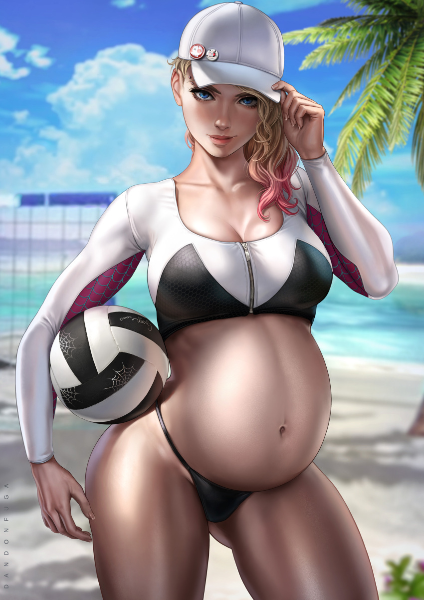 1girls absurd_res absurdres bare_skin bare_thighs baseball_cap beach belly big_belly big_breasts black_clothing black_panties black_thong black_underwear blonde_hair blue_eyes breasts busty child_bearing_hips clothed clothed_female clothing dandon_fuga dyed_hair eyebrow_piercing female female_focus female_only gwen_stacy hat hat_tip high_resolution highres hips holding_ball huge_belly large_belly large_breasts large_filesize looking_at_viewer marvel marvel_comics massive_belly medium_hair navel palm_tree panties piercing piercings pink_hair pregnant pregnant_belly pregnant_female round_belly sand shirt shoulder_length_hair solo solo_female solo_focus spider-gwen spider-man_(series) spider_web_print standing superheroine thick_thighs thighs thong tipping_hat toned toned_arms toned_body toned_female tree tropical two_tone_clothing two_tone_clothing_(blackandwhite) underwear very_high_resolution volleyball volleyball_(ball) volleyball_net white_clothing white_hat white_shirt