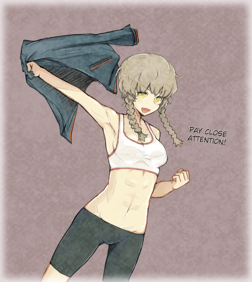 abs amane_suzuha armpits bike_shorts braid brown_hair clenched_hand gradient gradient_background hard_translated highres jacket megane_chuu midriff open_mouth solo sports_bra steins;gate translated twin_braids undressing yellow_eyes