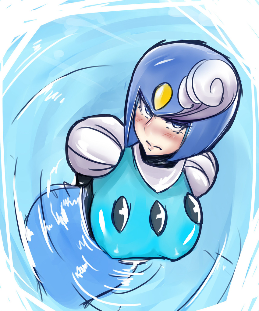 arms_behind_back bad_id bad_tumblr_id blue_eyes blush breasts covered_nipples eyelashes female grandmastag helmet highres large_breasts looking_at_viewer mega_man_(classic) mega_man_(series) mega_man_9 mermaid monster_girl partially_submerged robot solo splash_woman