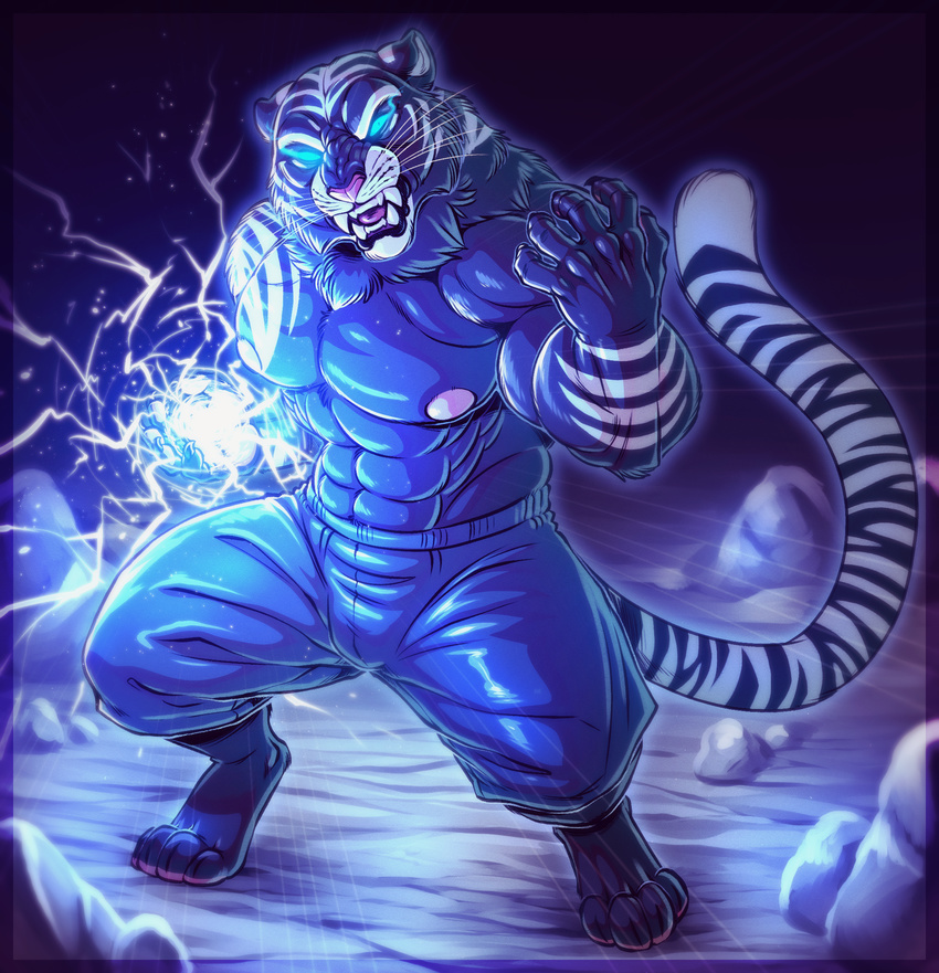 2015 abs angry anthro barefoot biceps big_biceps big_muscles big_pecs biped blue_bottomwear blue_clothing blue_eyes blue_theme bottomwear clothed clothing digitigrade electricity fangs feet felid front_view fur glowing glowing_eyes hi_res huge_muscles hyper hyper_muscles light looking_at_viewer magic male mammal markings muscular muscular_anthro muscular_male neodokuro nipples obliques open_mouth pantherine pants pecs pink_nipples pink_nose power rock serratus shorts snout solo standing striped_body striped_fur striped_markings striped_tail stripes tail tail_markings teeth tiger tongue topless triceps whiskers