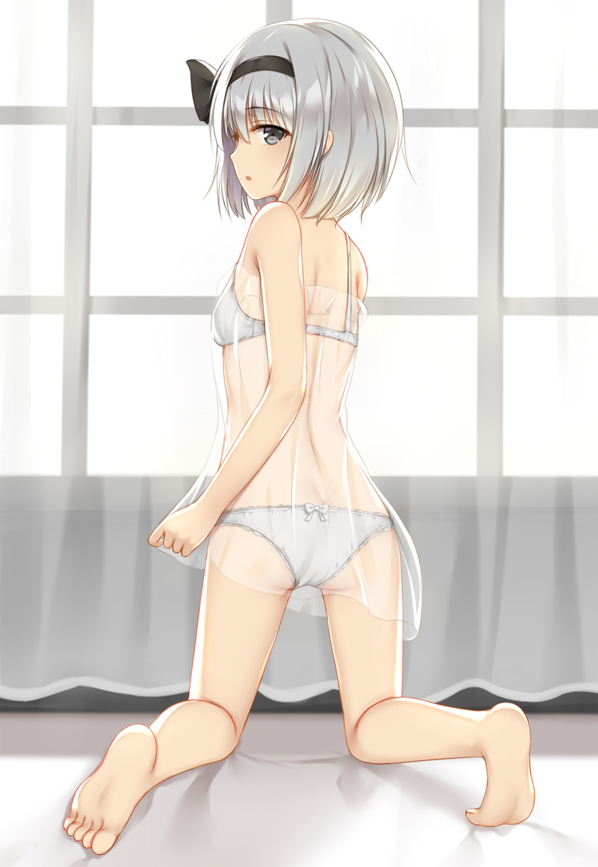 ass bare_arms bare_back bare_legs bare_shoulders barefoot black_hairband black_ribbon bow bow_panties bra breasts commentary curtains feet female flan_(seeyouflan) from_behind grey_eyes grey_hair hair_ribbon hairband highres indoors ke-ta_(style) kneeling konpaku_youmu legs looking_at_viewer looking_back midriff panties parted_lips photoshop_(medium) profile ribbon see-through short_hair small_breasts soles solo thighs toes touhou underwear underwear_only white_bow white_bra white_panties window