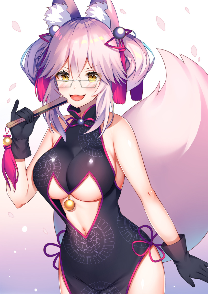 :d animal_ear_fluff animal_ears aozora_nan black_dress black_gloves blush breasts brown_eyes commentary_request double_bun dress fate/grand_order fate_(series) female folded_fan folding_fan fox_ears fox_girl fox_tail glasses gloves hair_between_eyes hair_bun hair_ornament hand_fan highres holding holding_fan koyanskaya_(chinese_lostbelt_outfit)_(fate) koyanskaya_(fate) looking_at_viewer medium_breasts navel open_mouth petals pink_hair sleeveless sleeveless_dress smile solo tail tail_raised tamamo_(fate)