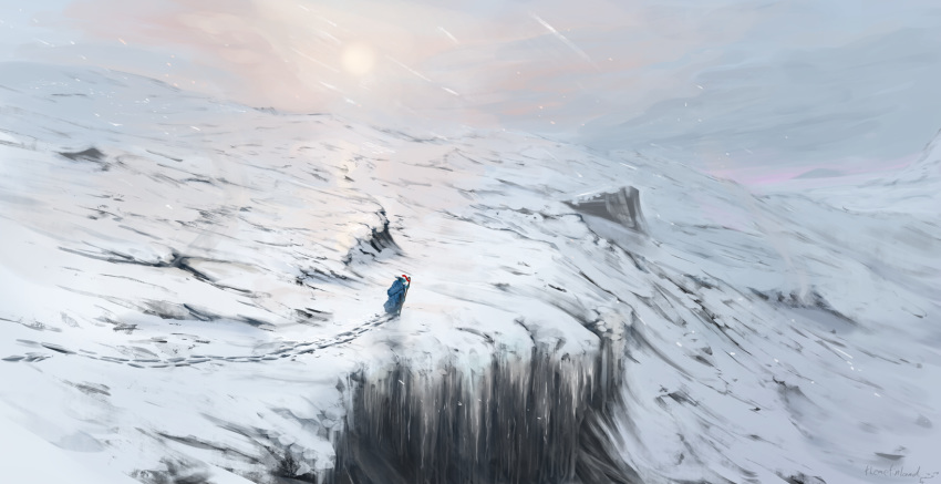 2019 anthro cliff clothed clothing cloud crook day detailed_background digital_media_(artwork) dragon footsteps hi_res holding_object horn ice icicle landscape male mountain mythological_creature mythological_scalie mythology outside phyn robe scalie sky snow solo staff standing sun themefinland walking_stick wingless_dragon winter