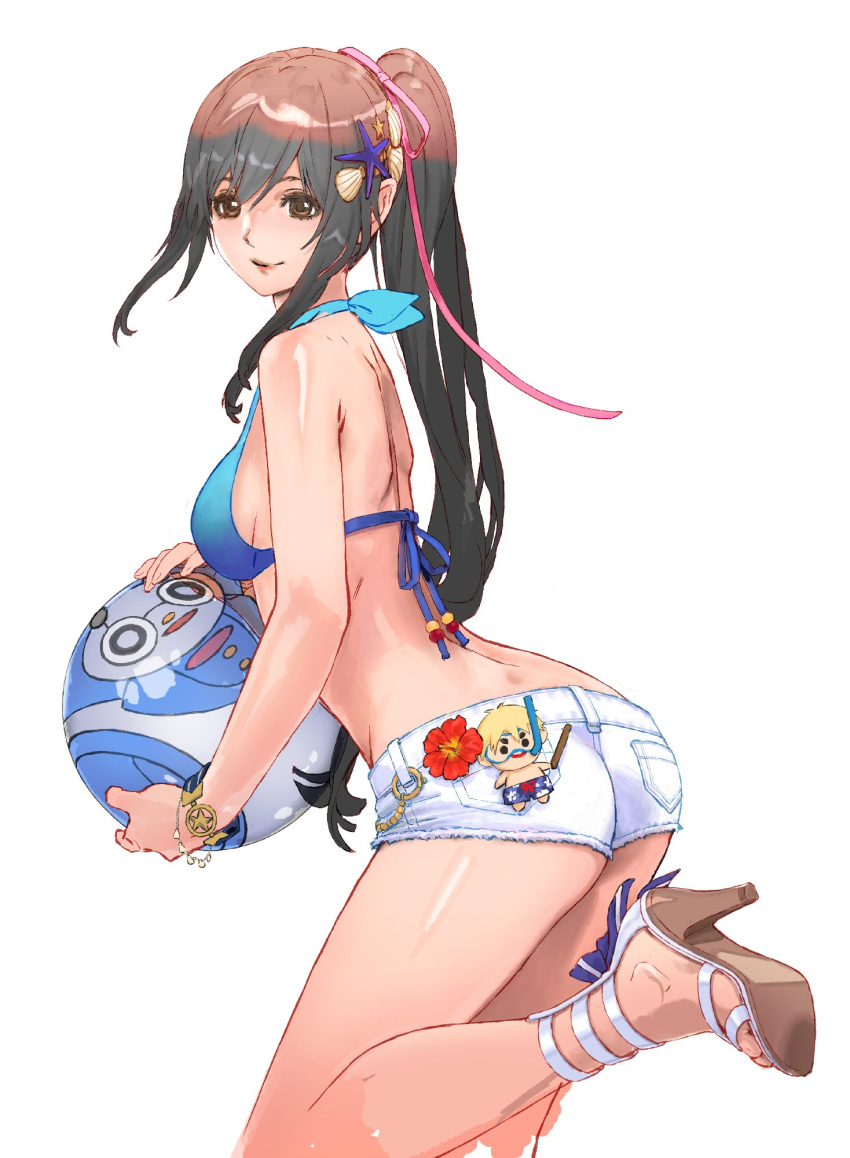 ass breasts brown_eyes brown_hair commentary_request edge_maverick female gloves groin high_heels highres long_hair looking_at_viewer ponytail saionji_reimi sandals seashell shell shorts sideboob smile solo star_(symbol) star_ocean star_ocean_anamnesis star_ocean_the_last_hope starfish swimsuit yasuda_akira