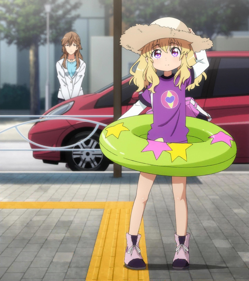 2girls anime_screenshot aquarion_(series) aquarion_logos blonde_hair hat highres innertube long_hair multiple_girls purple_eyes straw_hat swim_ring uminagi_karan