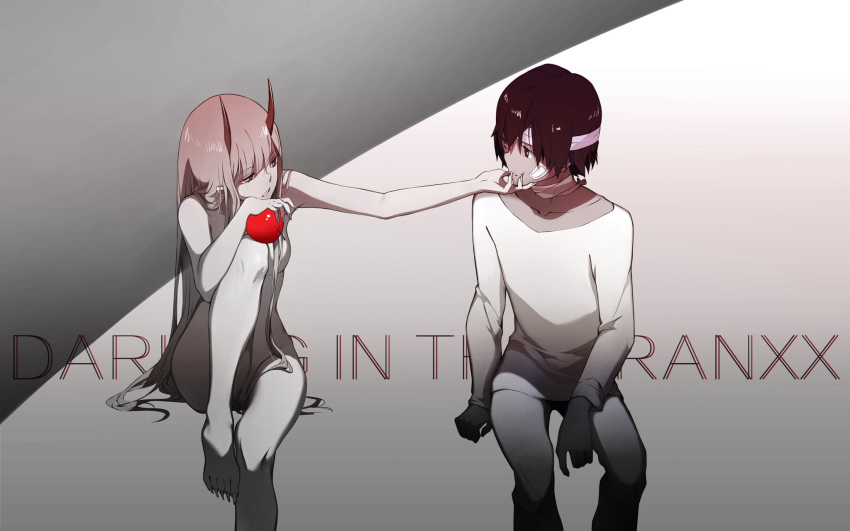 1boy apple bandage_on_face bandaged_head bandaged_neck bandages barefoot black_hair breasts chenaze57 clothed_male_nude_female commentary_request completely_nude couple darling_in_the_franxx female fingernails food fruit hair_censor hair_over_breasts hair_over_crotch hair_over_one_breast hand_on_another's_chin highres hiro_(darling_in_the_franxx) holding holding_food holding_fruit horns large_breasts long_hair looking_at_another nude oni_horns pajamas pink_hair red_horns revision sitting straight very_long_hair zero_two_(darling_in_the_franxx)