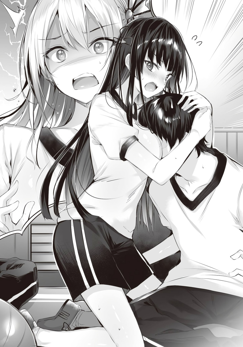 1boy 2girls between_breasts breast_press breasts collarbone d: face_between_breasts greyscale gym_shorts gym_uniform hair_ribbon head_between_breasts highres kakao_(chocolate_land) kawaii_onna_no_ko_ni_kouryaku_sareru_no_wa_suki_desu_ka? kitamikado_mikado kneeling long_hair looking_at_viewer monochrome multiple_girls nanjou_kisa non-web_source novel_illustration official_art open_mouth pants ribbon shirt shizukawa_rinka short_shorts short_sleeves shorts sitting straight sweatdrop very_long_hair