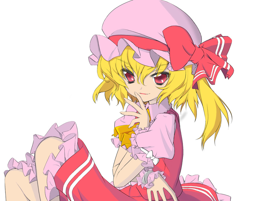 akawata ascot blonde_hair colored female female flandre_scarlet gotou_nao highres long_hair oerba_yun_fang red_eyes side_ponytail simple_background skirt skirt_set smile solo touhou wata_(akawata) wrist_cuffs