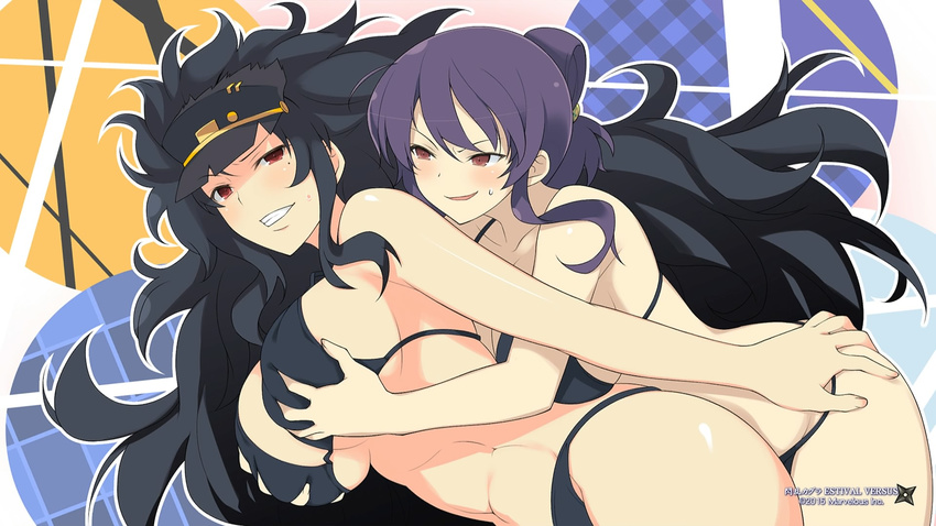 2girls abs arm ass ass_grab bikini black_bikini black_hair black_swimsuit blush breast_grab breast_press breasts clenched_teeth curly_hair daidouji_(senran_kagura) female folded_ponytail from_behind grabbing grin hat huge_breasts large_breasts looking_at_another midriff mole multiple_girls mutual_yuri naughty_face official_art open_mouth parted_lips purple_hair red_eyes senran_kagura senran_kagura:_estival_versus senran_kagura_(series) senran_kagura_estival_versus short_hair smile smirk striped_background suzune_(senran_kagura) sweat swimsuit teeth toned underboob very_long_hair visor_cap wallpaper yuri