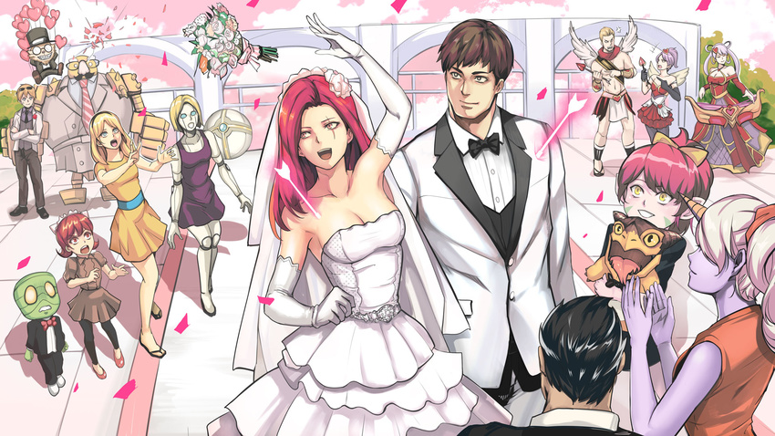 6+boys 6+girls amumu android anger_vein annie_(league_of_legends) arm_up armpits arms_behind_head arrow_(projectile) balloon bandages black_bow black_bowtie black_eyes black_necktie blitzcrank blonde_hair blue_eyes bouquet bouquet_toss bow bowtie breasts bridal_gauntlets bride bridesmaid brown_hair cal_(pmgdd) clapping cleavage closed_eyes colored_skin commentary confetti crossed_arms darius_(league_of_legends) debonair_ezreal definitely_not_blitzcrank dragon dragon_trainer_tristana dress elbow_gloves etwahl eyewear_on_head ezreal facial_mark fake_facial_hair fake_mustache feathered_wings flower forked_tongue garen_(league_of_legends) glasses gloves grin groom hair_ornament hairband hairbow hat headdress heart heart_balloon heart_belt heart_hair_ornament heartseeker_quinn heartseeker_varus highres horns husband_and_wife joints katarina_(league_of_legends) league_of_legends light_purple_hair lux_(league_of_legends) medium_breasts midriff multiple_boys multiple_girls mummy navel necktie open_mouth orianna_(league_of_legends) pants pantyhose pink_skin pink_sky pointy_ears ponytail purple_hair purple_skin quinn_(league_of_legends) red_bow red_bowtie red_eyes red_hair riggle_(league_of_legends) robot robot_joints scar scar_across_eye scar_on_face scarf shadow single_horn sky smile sona_(league_of_legends) soraka_(league_of_legends) standing straight strapless strapless_dress striped striped_bow striped_necktie sunglasses sweetheart_sona tongue top_hat tristana tuxedo twintails varus veil wavy_mouth wedding wedding_dress wings yellow_eyes yordle ziggs