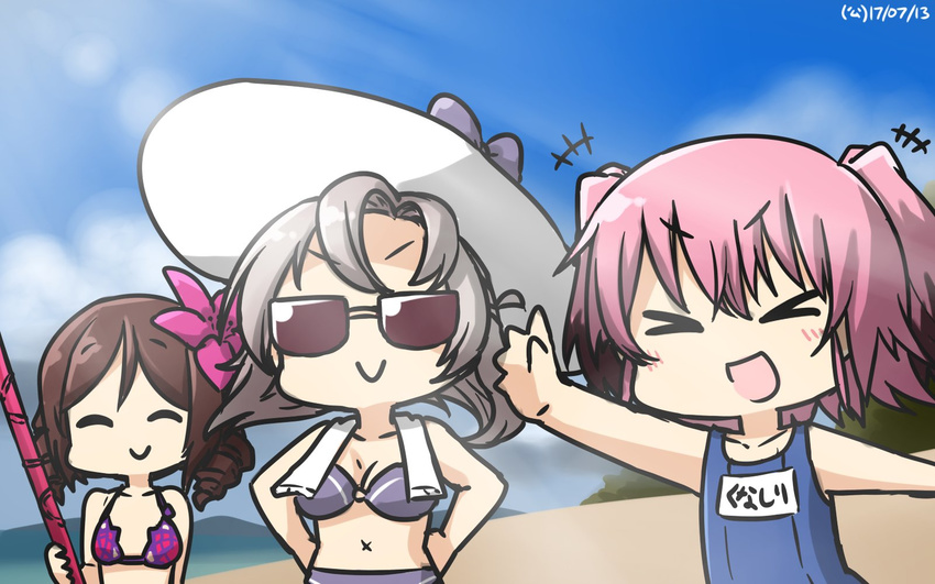 >:) >_< +++ 3girls bikini brown_hair closed_eyes commentary cosplay dated drill_hair fate/grand_order fate_(series) flower gae_bolg_(fate) grey_hair hair_flower hair_ornament hamu_koutarou harukaze_(kancolle) hat hibiscus highres kantai_collection kinugasa_(kancolle) kunashiri_(kancolle) multiple_girls name_tag noto_mamiko one-piece_swimsuit pink_hair polearm scathach_(fate) scathach_(swimsuit_assassin)_(fate) scathach_(swimsuit_assassin)_(fate)_(cosplay) school_swimsuit smile spear sun_hat sunglasses swimsuit towel towel_around_neck v-shaped_eyebrows voice_actor_connection weapon