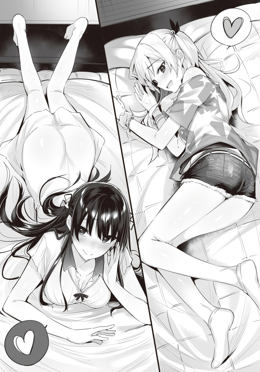 2girls :d ankle_socks ass barefoot bed belt blush bow bracelet breasts cleavage collarbone denim denim_shorts dress embarrassed from_above from_side greyscale hair_between_eyes hair_ribbon hand_on_own_cheek hand_on_own_face head_tilt heart highres jewelry kakao_(chocolate_land) kawaii_onna_no_ko_ni_kouryaku_sareru_no_wa_suki_desu_ka? kneepits legs_together light_smile long_hair looking_at_viewer lying medium_breasts monochrome multiple_girls nanjou_mizuki non-web_source nose_blush novel_illustration oerba_yun_fang off_shoulder official_art on_bed on_side on_stomach open_mouth print_shirt raised_eyebrows ribbon scrunchie shirt shizukawa_rinka short_dress short_shorts short_sleeves shorts sideways_mouth smile socks speech_bubble split_screen spoken_heart star_(symbol) star_print straight_hair sundress two_side_up wrist_scrunchie