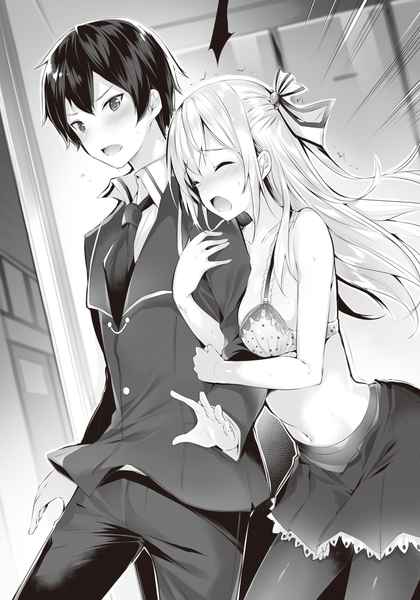 1boy arm_grab blazer blush bra breasts closed_eyes collarbone cowboy_shot female floating_hair greyscale hair_between_eyes hair_ribbon highres indoors jacket kakao_(chocolate_land) kawaii_onna_no_ko_ni_kouryaku_sareru_no_wa_suki_desu_ka? kitamikado_mikado large_breasts long_hair long_sleeves miniskirt monochrome nanjou_kisa navel non-web_source novel_illustration official_art open_mouth pantyhose pleated_skirt polka_dot polka_dot_bra ribbon shiny_clothes sideboob skirt stomach sweat two_side_up underwear very_long_hair