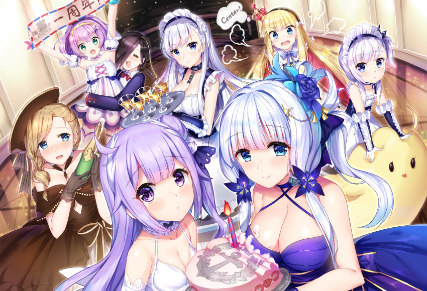 anthro aqua_eyes ark_royal_(azur_lane) azur_lane belchan_(azur_lane) belfast_(azur_lane) black_hair blonde_hair blush bow braids breasts cake chains cleavage collar crown drink elbow_gloves fire flowers food gloves green_eyes group hat headband headdress hms_unicorn_(azur_lane) hood_(azur_lane) illustrious_(azur_lane) javelin_(azur_lane) long_hair oerba_yun_fang ponytail purple_eyes purple_hair queen_elizabeth_(azur_lane) rose short_hair silver15 tears twintails white_hair