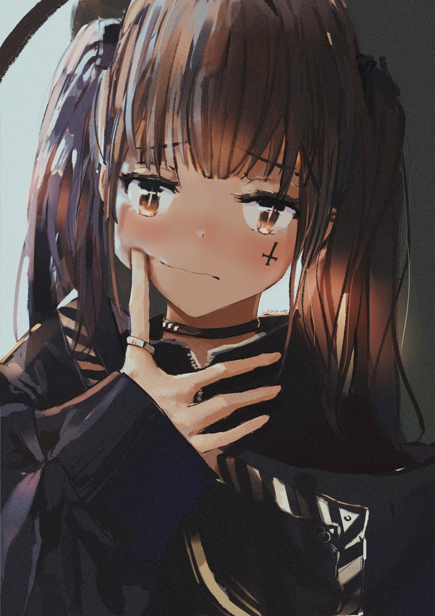 absurdres blunt_bangs blush brown_eyes collar commentary cross dated female highres jewelry long_hair looking_at_viewer original ring solo symbol-only_commentary tifg39 upper_body