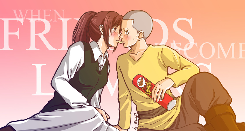 1boy bald blush brown_hair conny_springer english female food highres long_hair looking_at_another mouth_hold pants ponytail potato_chips pringles sasha_braus sharing_food shingeki_no_kyojin shirt sitting skirt sweatdrop vest