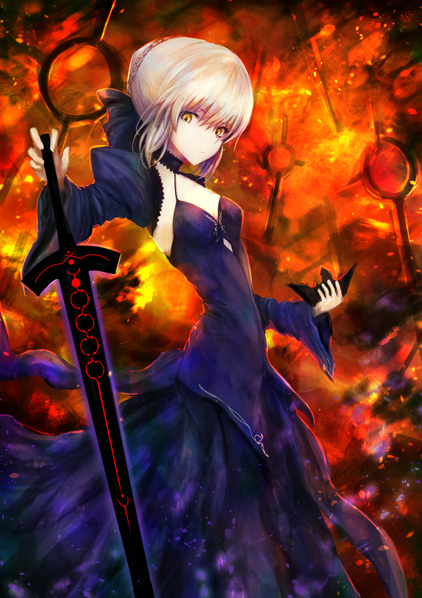 artoria_pendragon_(fate) breasts cleavage clothing_cutout commentary detached_sleeves diamond_cutout dress excalibur_morgan_(fate) fate/grand_order fate/stay_night fate_(series) female fire highres kaze_minoru_so-ru mask saber_alter small_breasts solo unworn_mask yellow_eyes