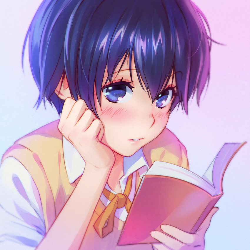 blue_eyes blue_hair blush bokura_wa_minna_kawaisou book book_focus close-up closed_mouth collared_shirt commentary eyebrows eyelashes female gradient_background hand_on_own_cheek hand_on_own_face hand_up holding holding_book ilya_kuvshinov kawai_ritsu looking_at_viewer open_book orange_ribbon photoshop_(medium) pink_lips ribbon shirt short_hair simple_background solo sweater_vest tareme upper_body wing_collar