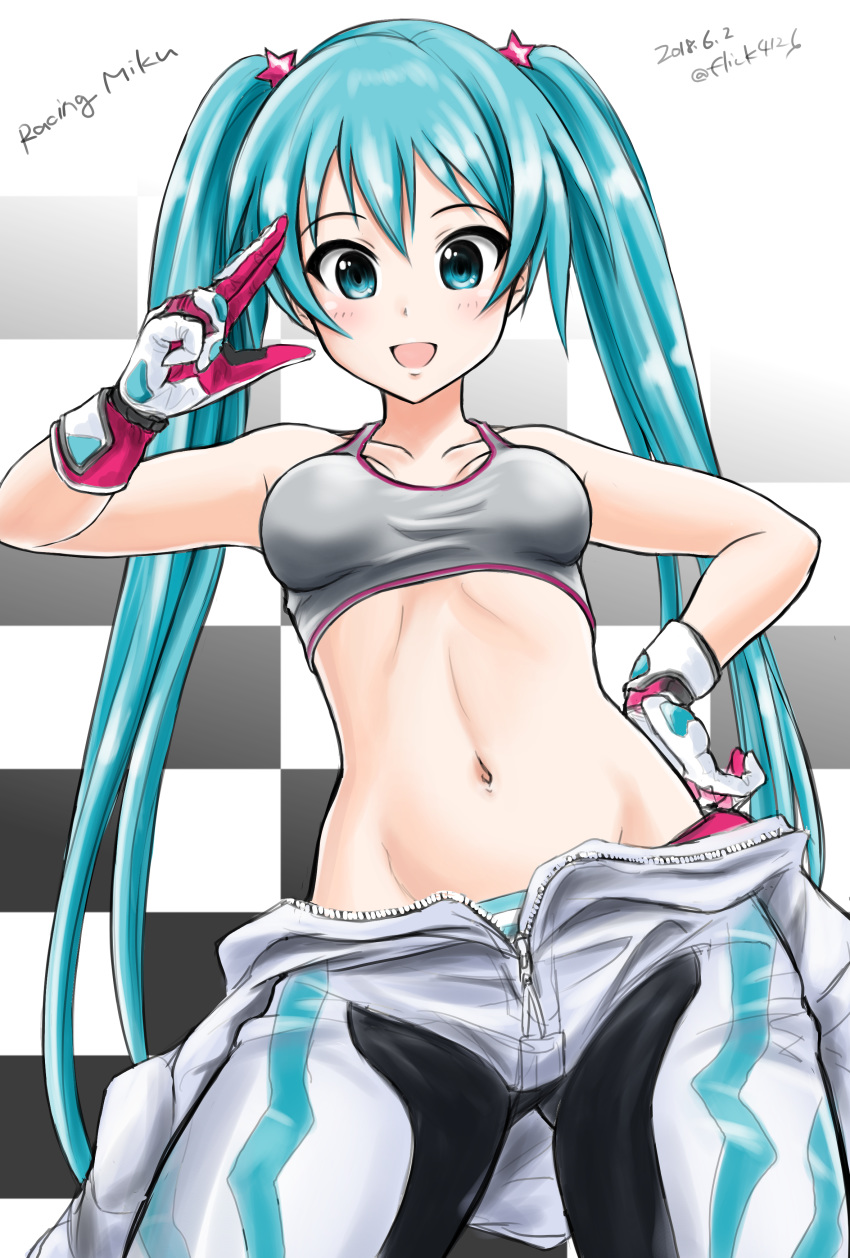 absurdres aqua_eyes aqua_hair biker_clothes bikesuit bodysuit checkered_background commentary cowboy_shot dated female flick_(sal23) gloves goodsmile_racing grey_sports_bra hand_on_own_hip hatsune_miku highres long_hair looking_at_viewer navel open_mouth panties racing_miku racing_miku_(2013) salute solo sports_bra stomach striped_clothes striped_panties twintails underwear unzipped very_long_hair vocaloid