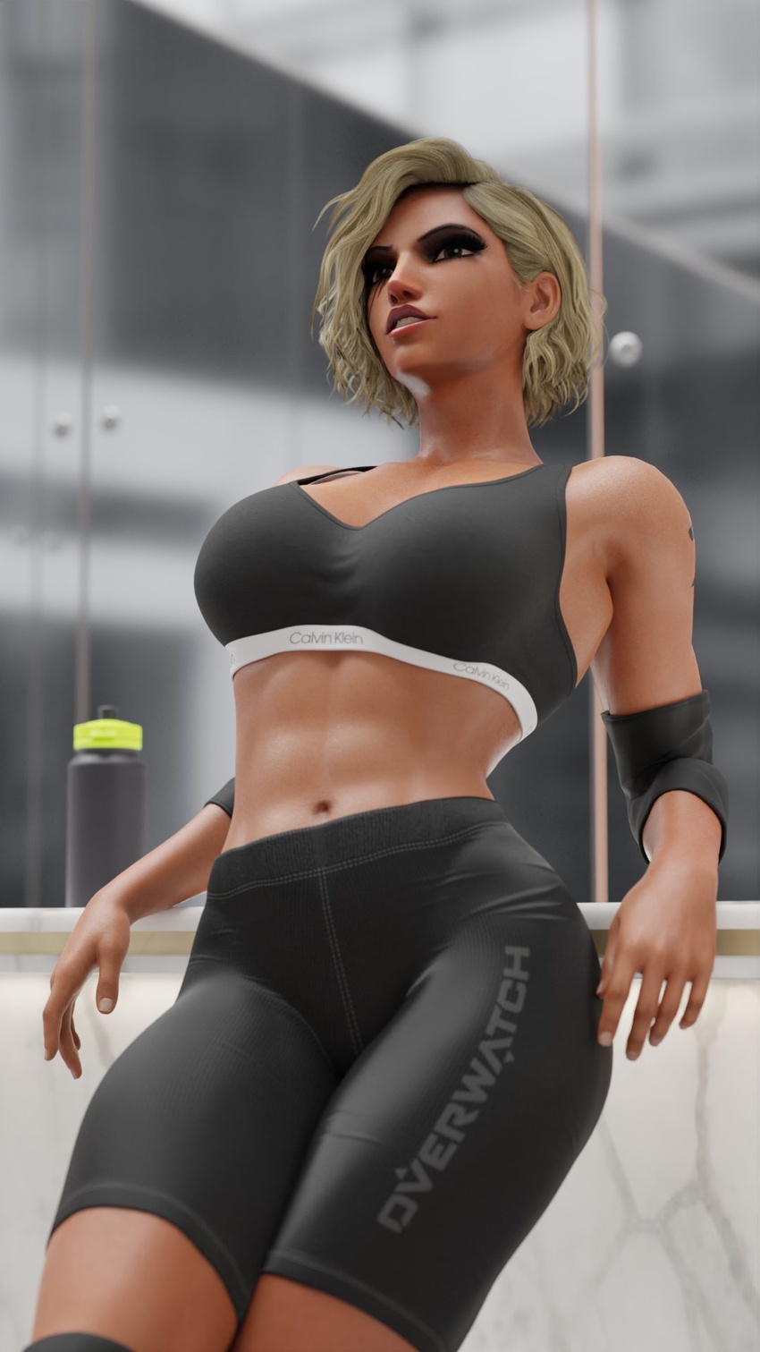 1girls 3d abs alternate_hair_color alternate_hairstyle athletic big_breasts biker_shorts blizzard_entertainment blonde_hair calvin_klein close-up clothed dark-skinned_female dark_skin egyptian egyptian_female facing_viewer fareeha_amari female female_only female_protagonist fit fit_female fully_clothed heroine human large_breasts muscle_mommy overwatch pharah posing solo sports_bikini sportswear tanuking3d tattoo thick_thighs thighs tiptoes training