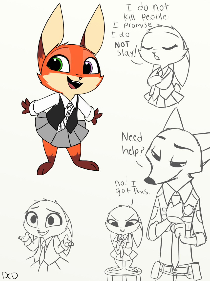 2017 3:4 anthro canid canine clothed clothing disney duo english_text fan_character female fox fur heterochromia hi_res hybrid lagomorph leporid male mammal nick_wilde rabbit red_fox skelly_doll text true_fox uniform violet_(zootopia) young zootopia