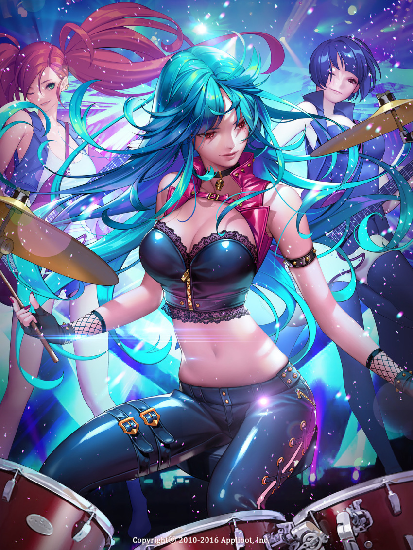 ;) armlet black_gloves black_pants blue_hair breasts brown_eyes brown_hair cleavage collar collarbone crop_top fingerless_gloves fishnets floating_hair gang_road_joker gloves green_eyes guitar head_tilt highres holding holding_instrument instrument large_breasts long_hair midriff multiple_girls navel official_art one_eye_closed pants red_eyes red_gloves shiny shiny_clothes shirt short_hair sitting sleeveless smile soo_kyung_oh standing stomach twintails very_long_hair white_shirt