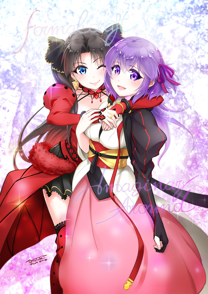 2girls black_hair blue_eyes commentary_request dress fate/grand_order fate/stay_night fate_(series) hair_ornament hair_ribbon highres iida_toyoyuki jewelry looking_at_viewer matou_sakura matou_sakura_(imaginary_around) multiple_girls one_eye_closed purple_hair ribbon siblings sisters smile tohsaka_rin tohsaka_rin_(formalcraft)