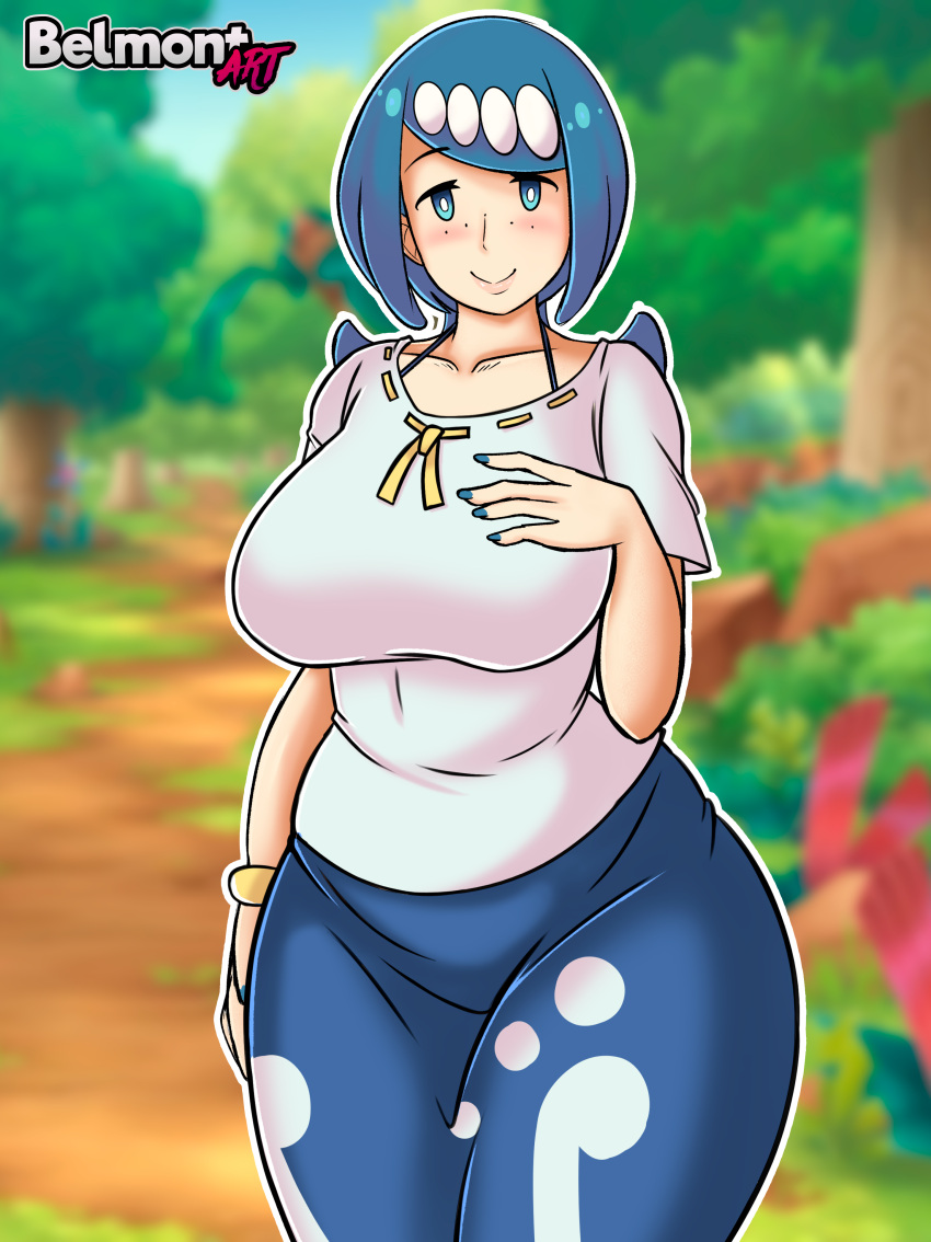 1girls belmont big_breasts blue_eyes blue_hair blue_nail_polish blush breasts clothed clothes clothing female female_only freckles fully_clothed hair_ornament hi_res highres hips huge_breasts human human_only humanoid lana's_mother_(pokemon) large_breasts mature mature_female milf mob_face nintendo painted_nails pokemon pokemon_sm solo solo_female thick thick_thighs thighs tied_hair wide_hips