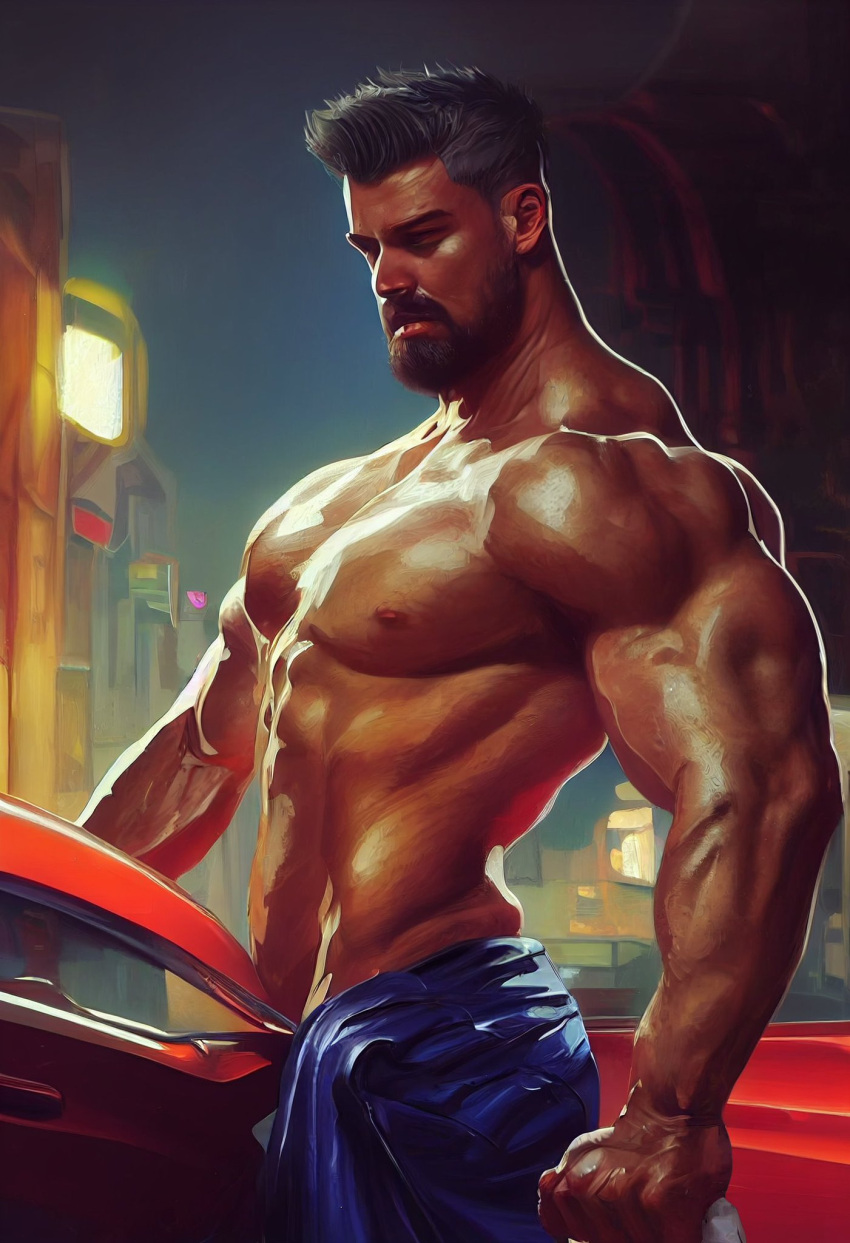 1boy ai_generated carwash male male_only midjourney muscles muscular muscular_male outdoors outside shirtless_male