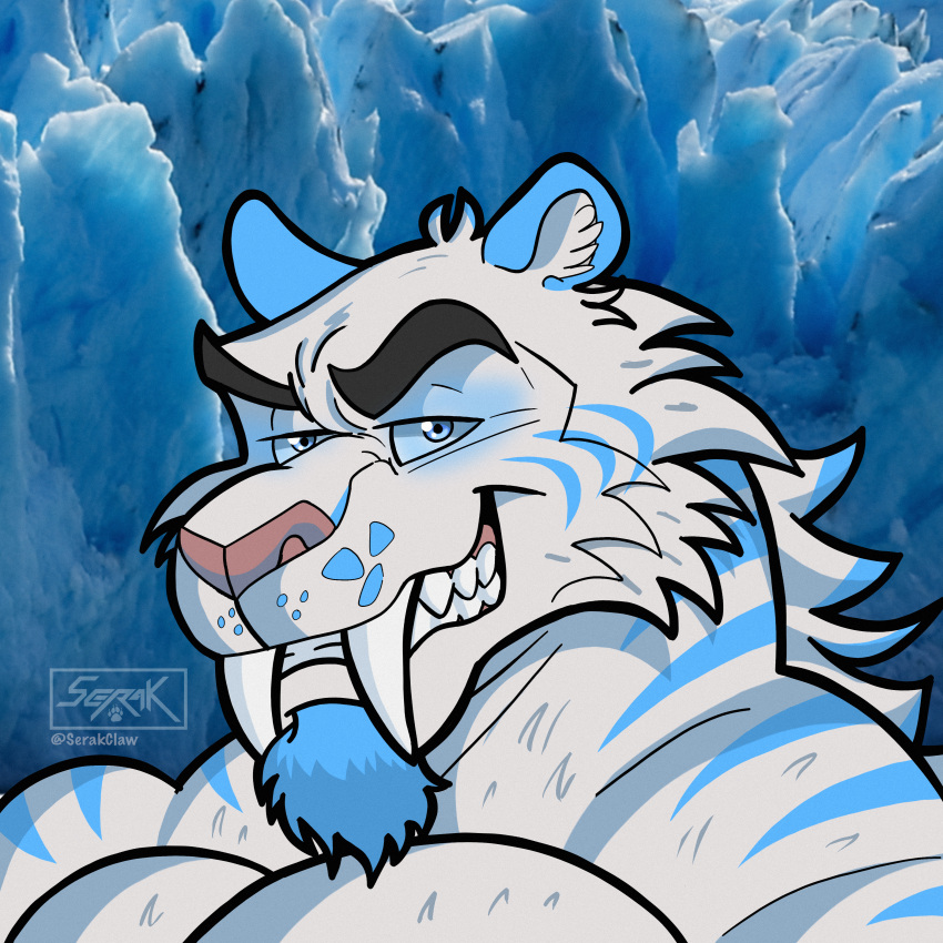 absurd_res fangs felid fur hi_res ice iceburg icon male mammal pantherine prehistoric_species saber-toothed_tiger sabertooth_(anatomy) serak serak_claw smile smiling_at_viewer smirk smirking_at_viewer solo striped_body striped_fur stripes teeth tiger white_body white_fur