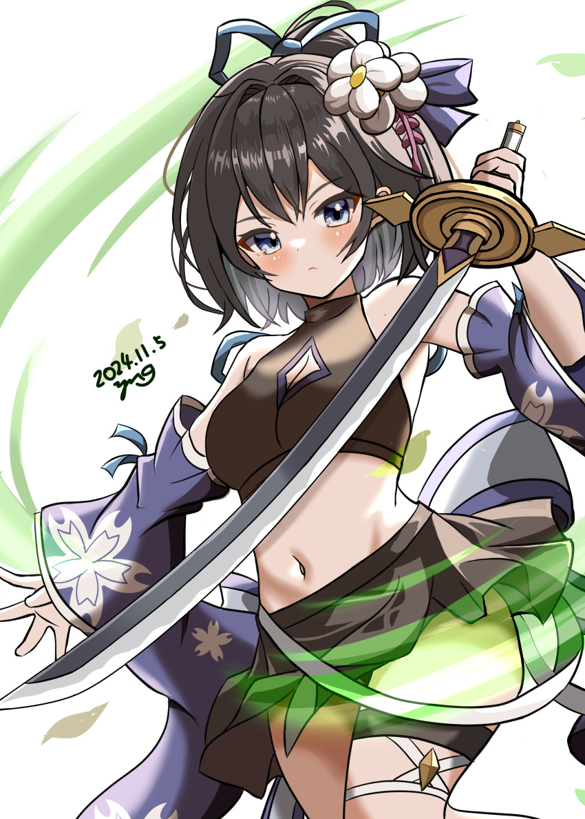 absurdres bikini black_hair blue_eyes breasts detached_sleeves floral_print flower granblue_fantasy hair_flower hair_ornament highres holding holding_sword holding_weapon katana official_alternate_costume shion_(granblue_fantasy) short_hair simple_background swimsuit swimsuit_skirt sword thigh_strap weapon white_background yanapy