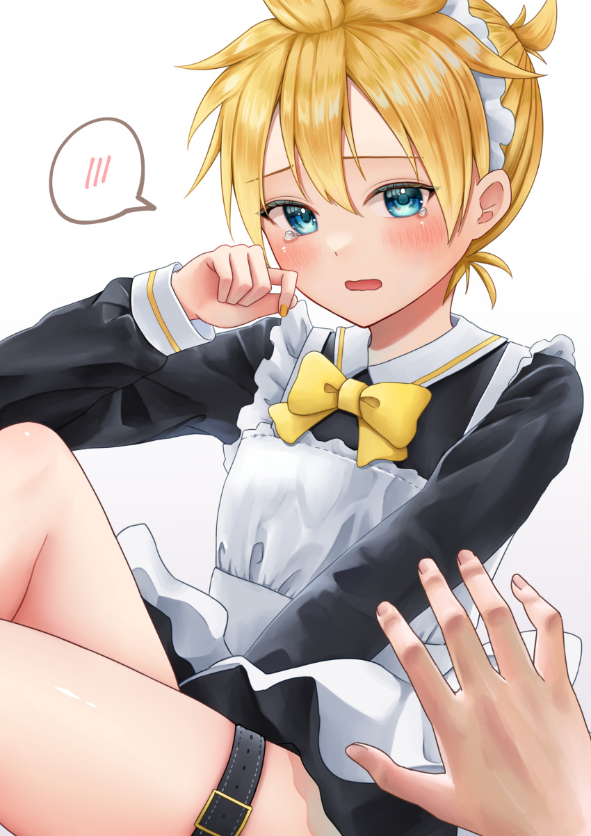 1boy absurdres apron arm_up bare_legs belt belt_buckle between_legs black_belt blonde_hair blue_eyes blush bow bowtie buckle commentary_request crossdressing crying embarrassed hand_between_legs highres hisui_ame kagamine_len long_sleeves maid_apron maid_headdress male_focus open_mouth ponytail short_ponytail sleeve_cuffs speech_bubble tears thigh_belt thigh_strap vocaloid white_apron wiping_tears yellow_bow yellow_bowtie