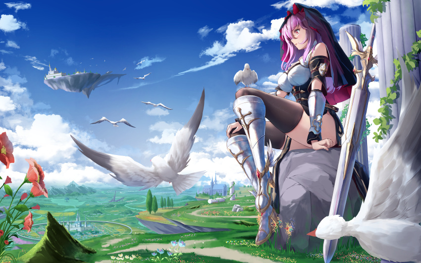 absurdres arm_guards armored_boots bare_shoulders bird boots cleavage_cutout clothing_cutout cloud cloudy_sky female floating_island flower greatsword h_yoruneko highres landscape long_hair nun original parted_lips pelvic_curtain purple_hair red_eyes sky sword thighhighs thighs weapon