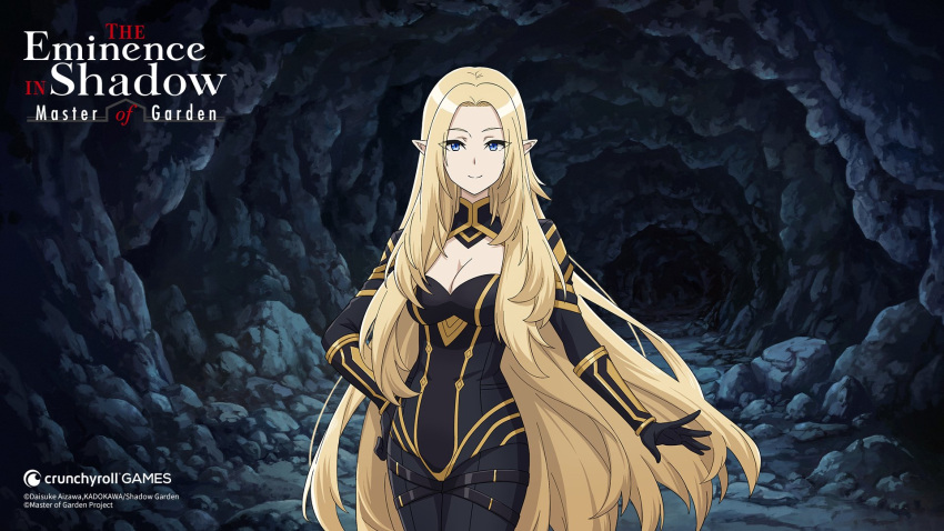 alpha_(kage_no_jitsuryokusha_ni_naritakute!) artist_request black_bodysuit black_gloves blonde_hair blue_eyes bodysuit breasts cleavage cleavage_cutout closed_mouth clothing_cutout copyright_notice crunchyroll female gloves highres kage_no_jitsuryokusha_ni_naritakute! kage_no_jitsuryokusha_ni_naritakute!_master_of_garden logo long_hair official_art pointy_ears smile solo underground