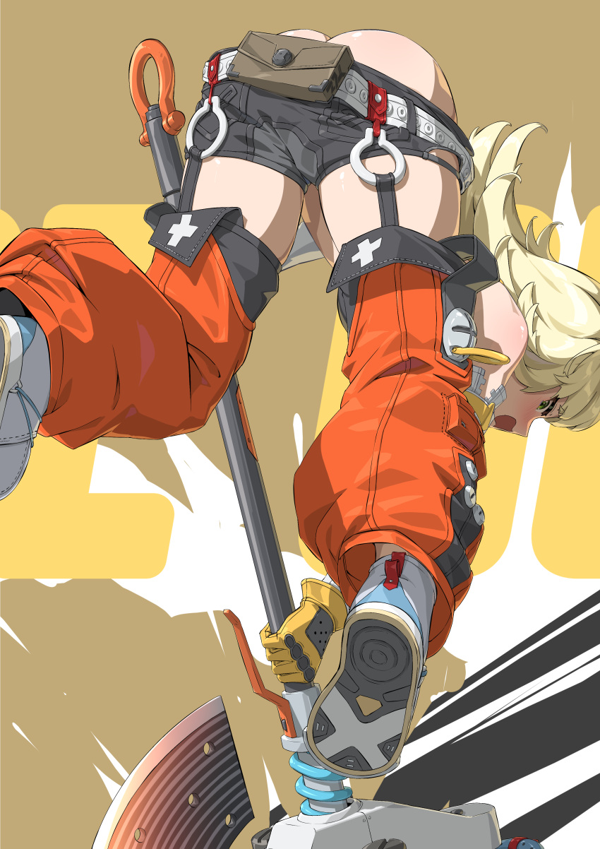 absurdres axe belt belt_pouch black_shorts blonde_hair blush butt_crack commentary_request detached_pants detached_sleeves female gloves green_eyes highres holding holding_weapon looking_at_viewer medium_hair open_mouth pants piper_wheel pouch red_pants short_shorts shorts sidelocks simple_background solo thighs top-down_bottom-up weapon white_belt white_footwear white_sleeves yan_(unicorn404) yellow_gloves zenless_zone_zero